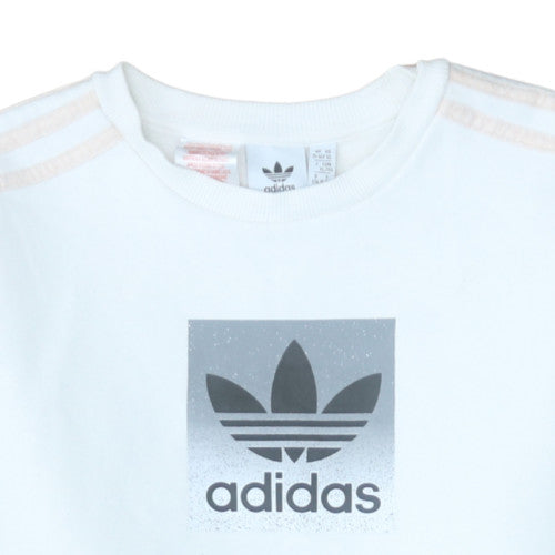 Adidas Girls White XL Pullover Sweatshirt with Logo Print and Striped Sleeves
