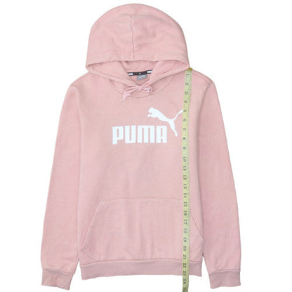 Close-up detail of Puma women’s pink pullover hoodie m logo hooded sweatshirt