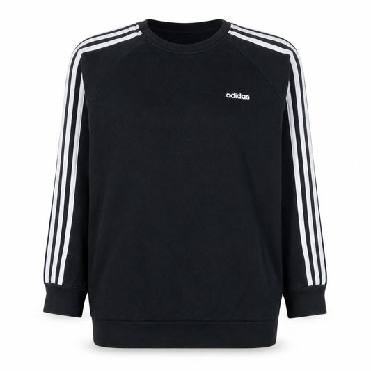 Adidas Women Black L Crew Neck Pullover Sweatshirt with Logo Stripes