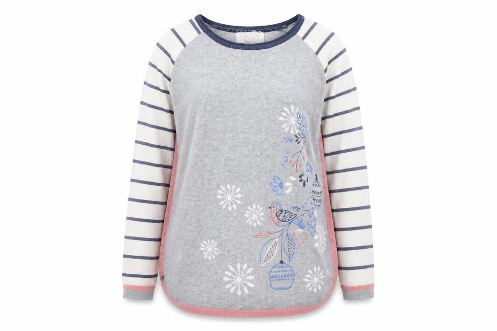 Mantaray Womens Grey Size 14 Embroidered Bird Pullover Jumper