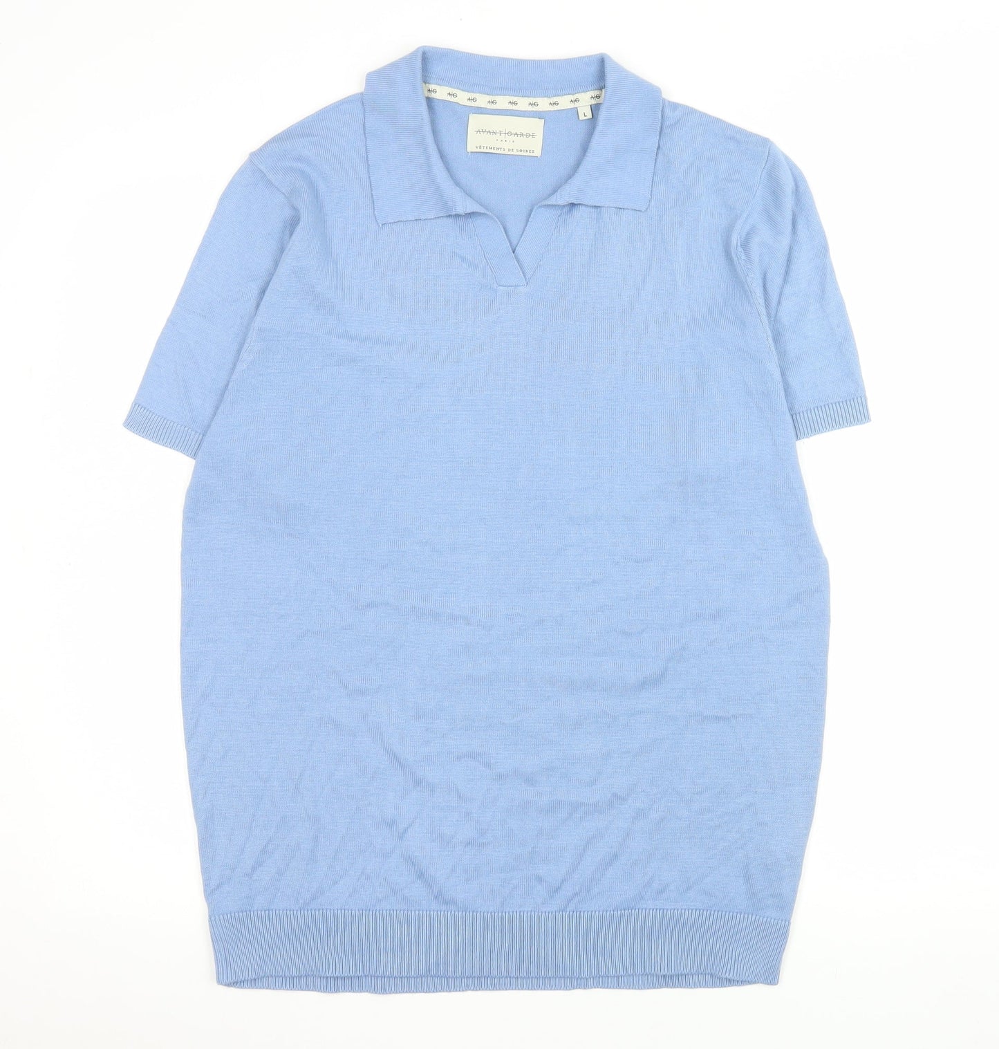 Avantgarde Paris Women Blue Knit Short Sleeve Polo Top Size L