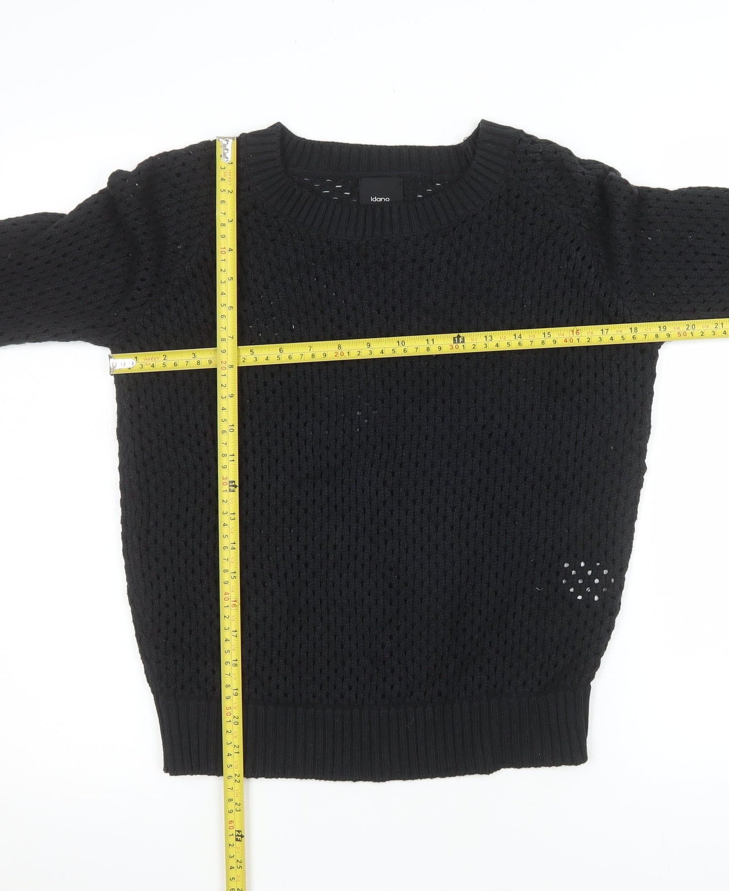 Idano Womens Black Open-Knit Cotton Merino Crew Neck Jumper S