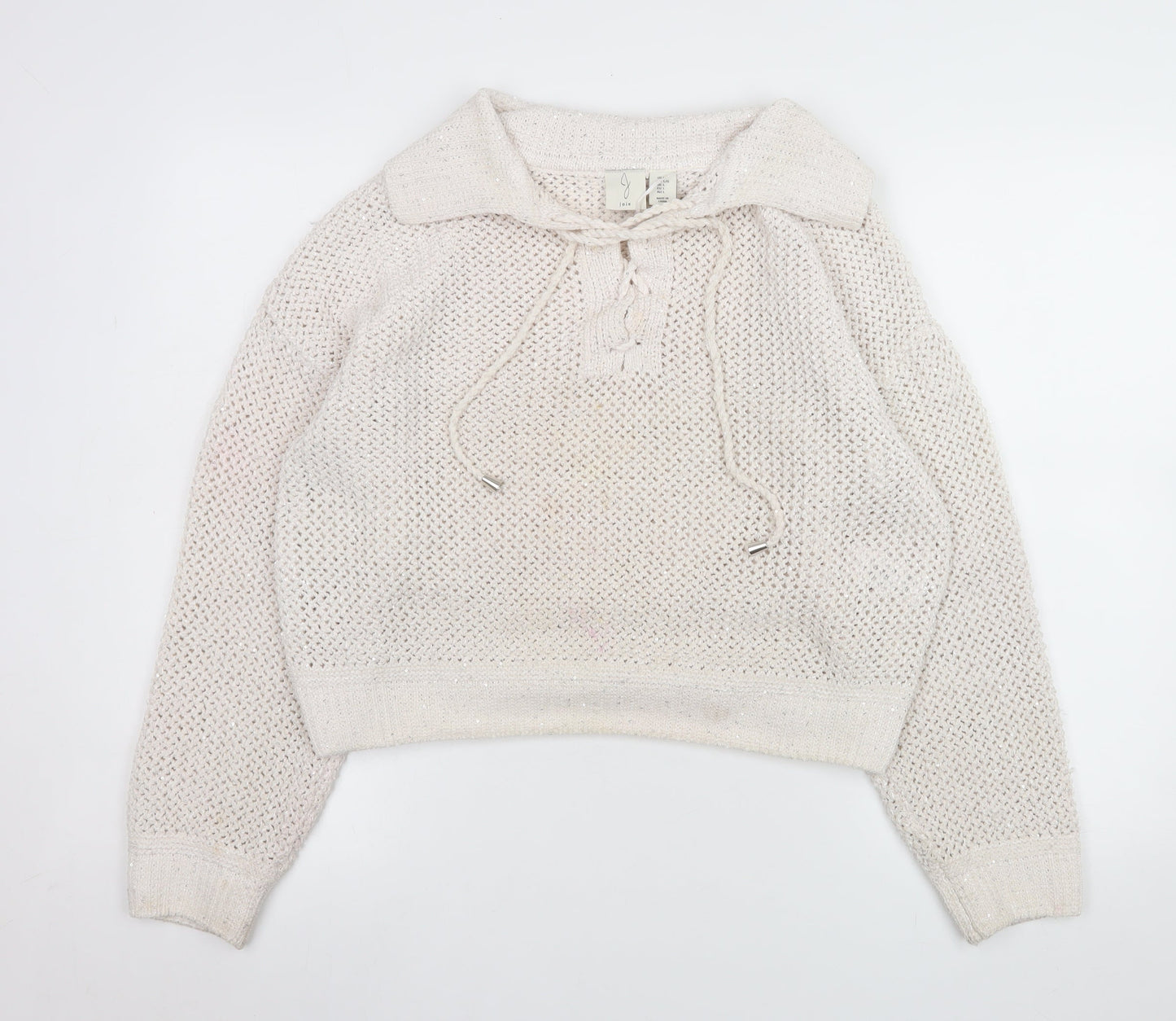 Joie Women's Ivory Open-Knit Sequin Collared Pullover Jumper Size L