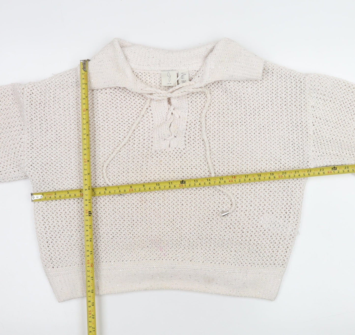 Joie Women's Ivory Open-Knit Sequin Collared Pullover Jumper Size L