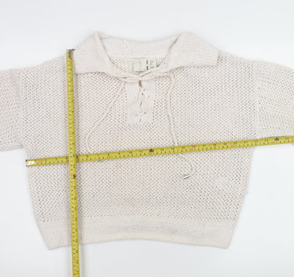 Joie Women's Ivory Open-Knit Sequin Collared Pullover Jumper Size L