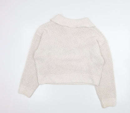 Joie Women's Ivory Open-Knit Sequin Collared Pullover Jumper Size L
