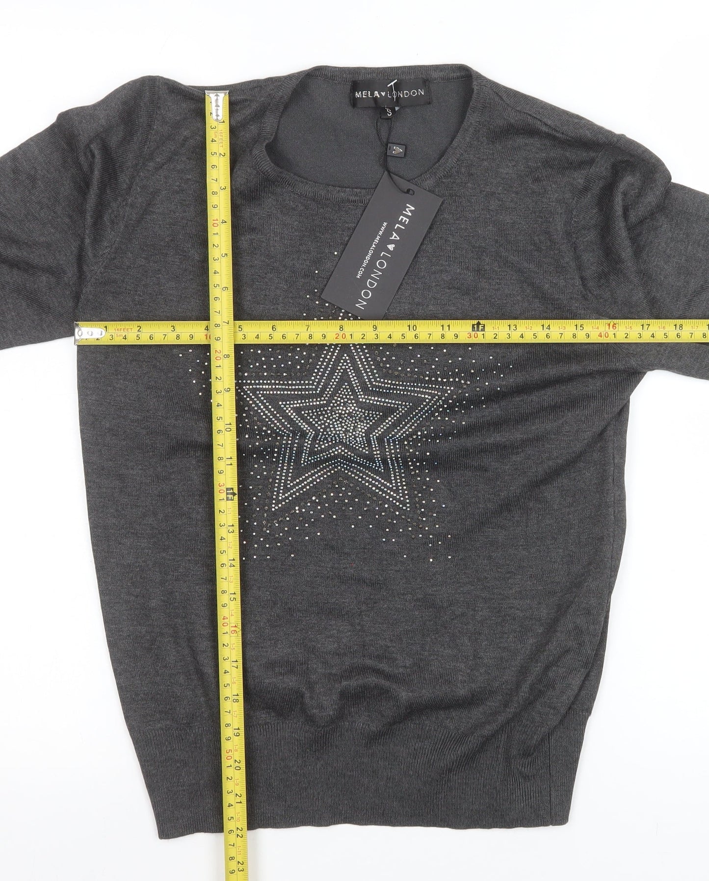 Mela London Women Grey Star Rhinestone Pullover Jumper Size S