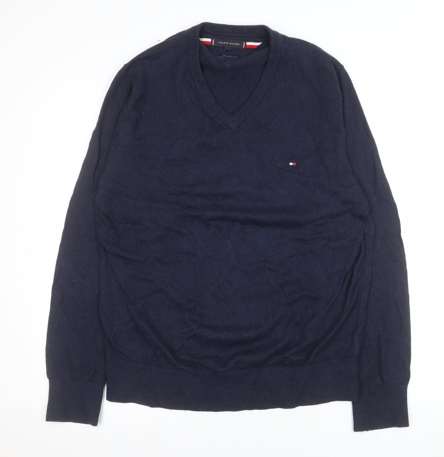 Tommy Hilfiger Men's Blue Cotton Cashmere V-Neck Jumper L