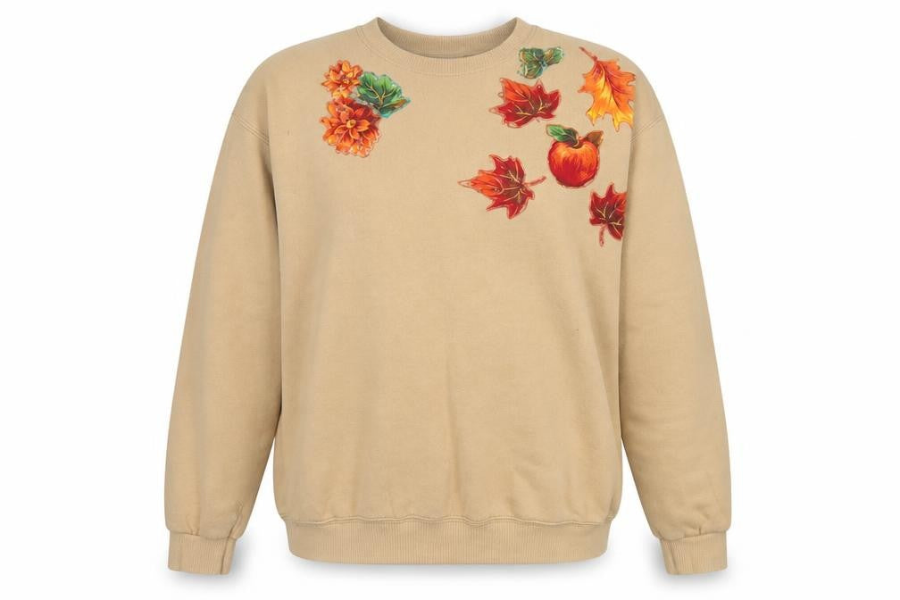 Lee Women Beige Autumn Leaf Print Crew Neck Pullover Sweatshirt L