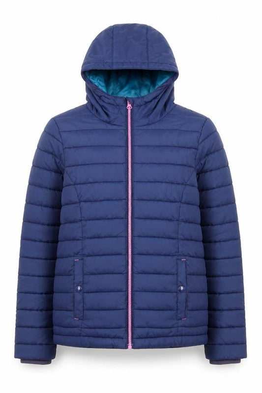 Front view of Johnnie b girls’ blue hooded puffer jacket 13-14 years polyester lined