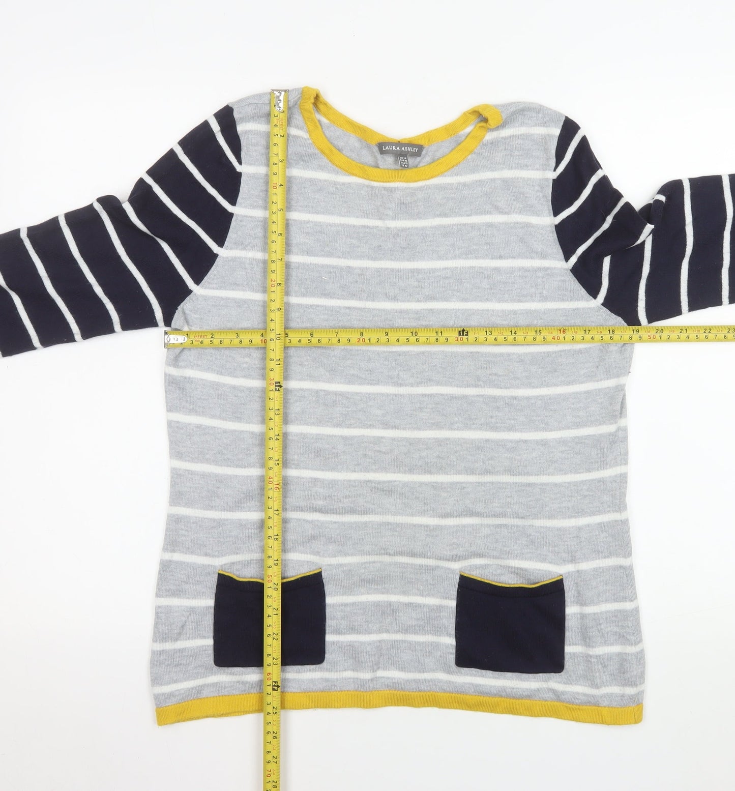 Laura Ashley Women’s Grey Striped Cardigan Size 14 Cotton Knit