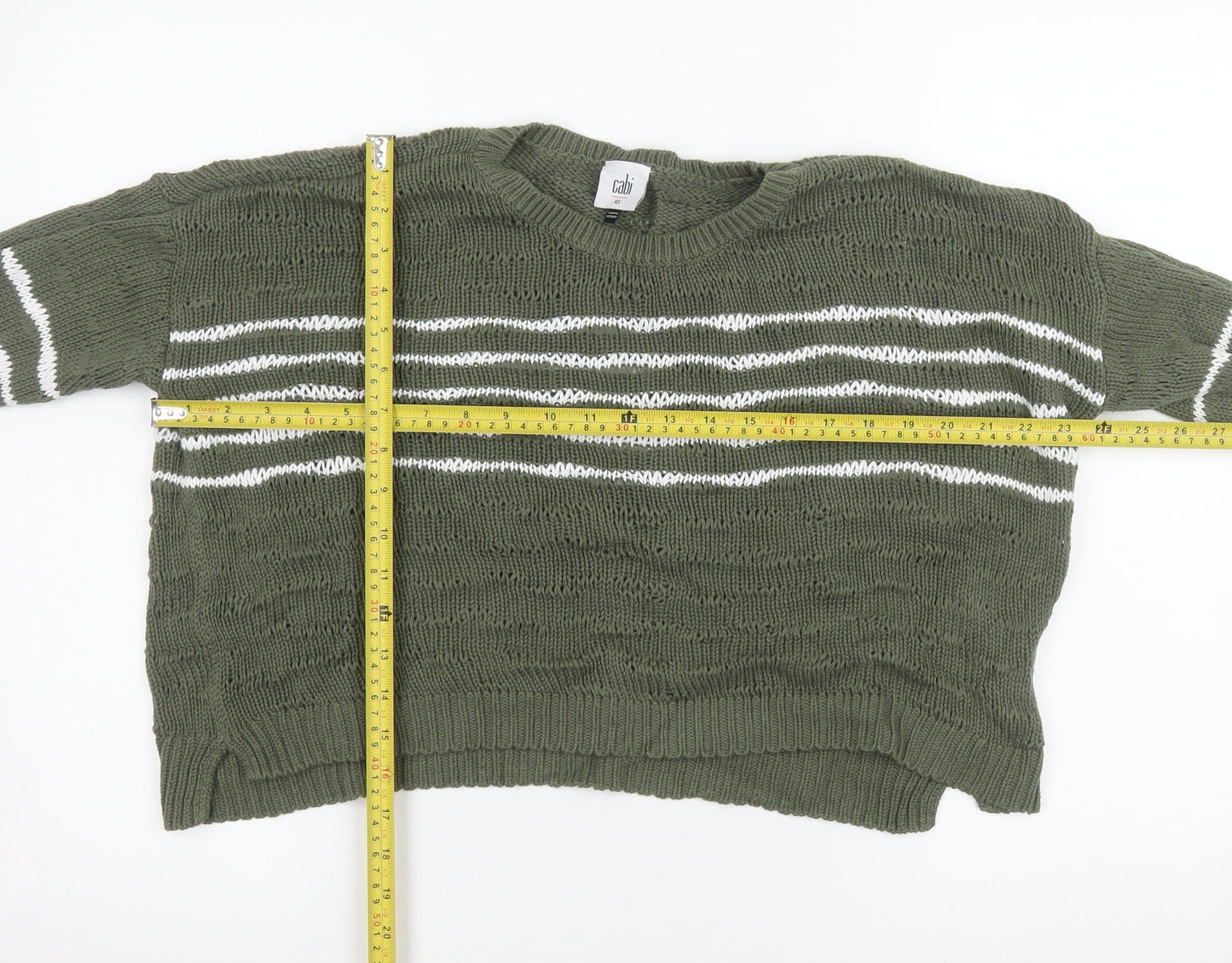 Cabi Women’s Green Striped Open-Knit Crew Neck Jumper XS