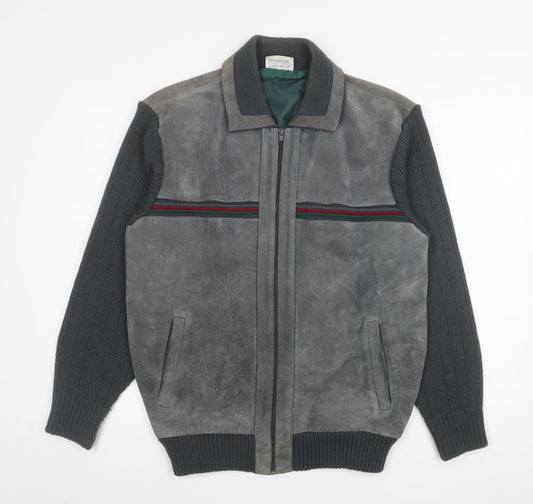 Greenwoods Mens Grey Leather Knit Bomber Jacket Size 42 Regular