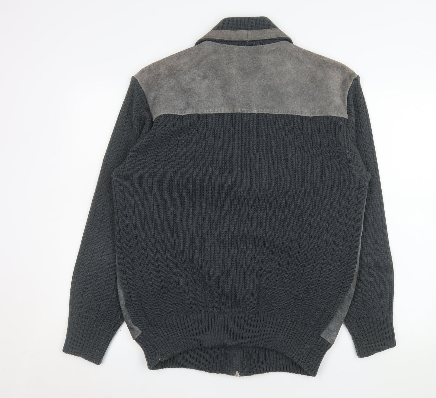 Greenwoods Mens Grey Leather Knit Bomber Jacket Size 42 Regular