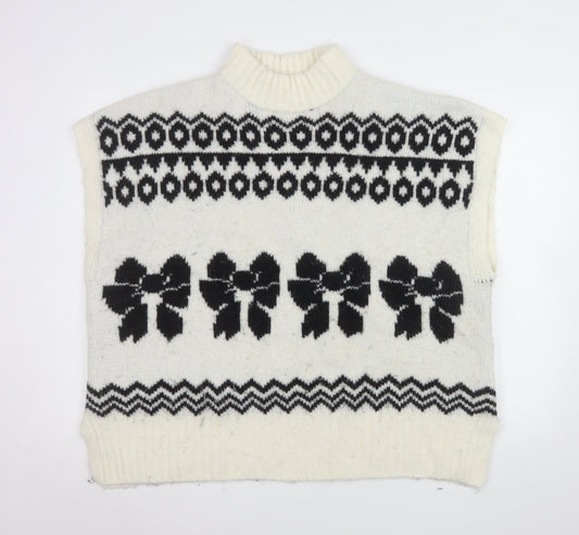 NEXT Womens Ivory Black Bow Knit Sleeveless Mock Neck Vest XL