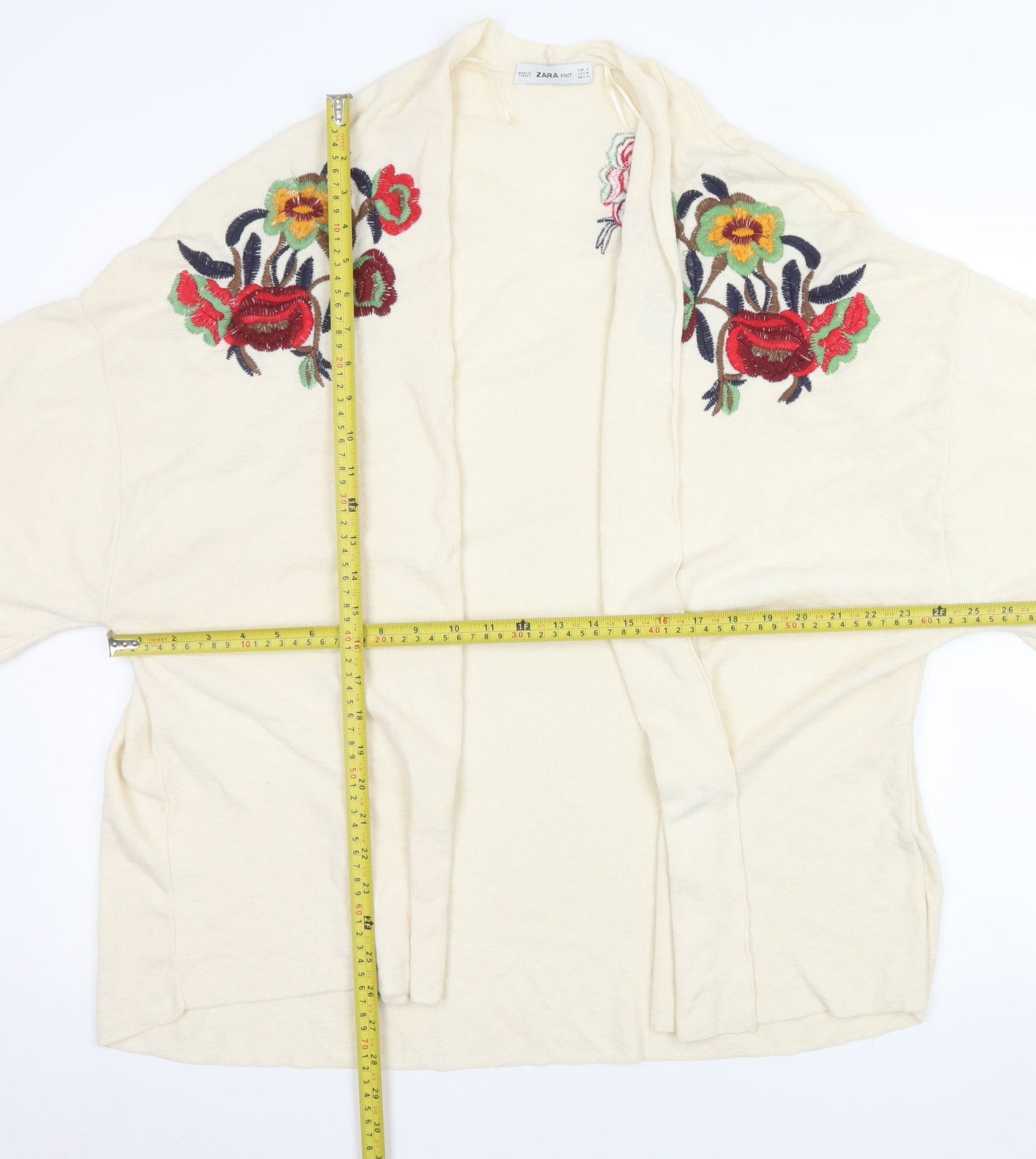 Zara Women Ivory Floral Embroidered Knit Cardigan Size 12