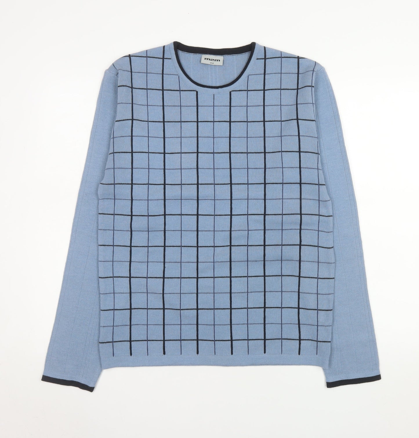 m2m Men's Blue Check Knit Crew Neck Acrylic Jumper Size S