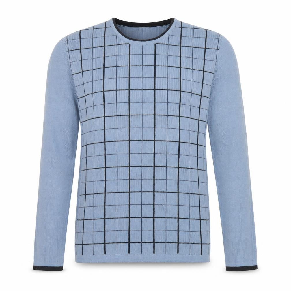m2m Men's Blue Check Knit Crew Neck Acrylic Jumper Size S