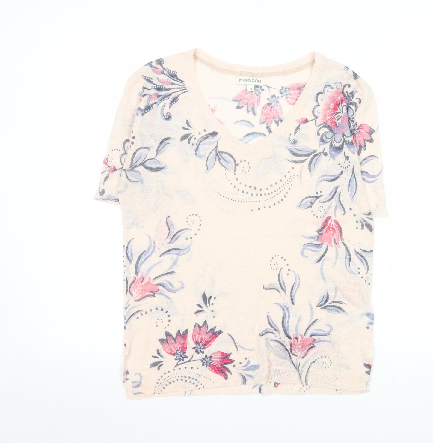 Monsoon Womens Beige Floral V-Neck Short Sleeve T-Shirt M