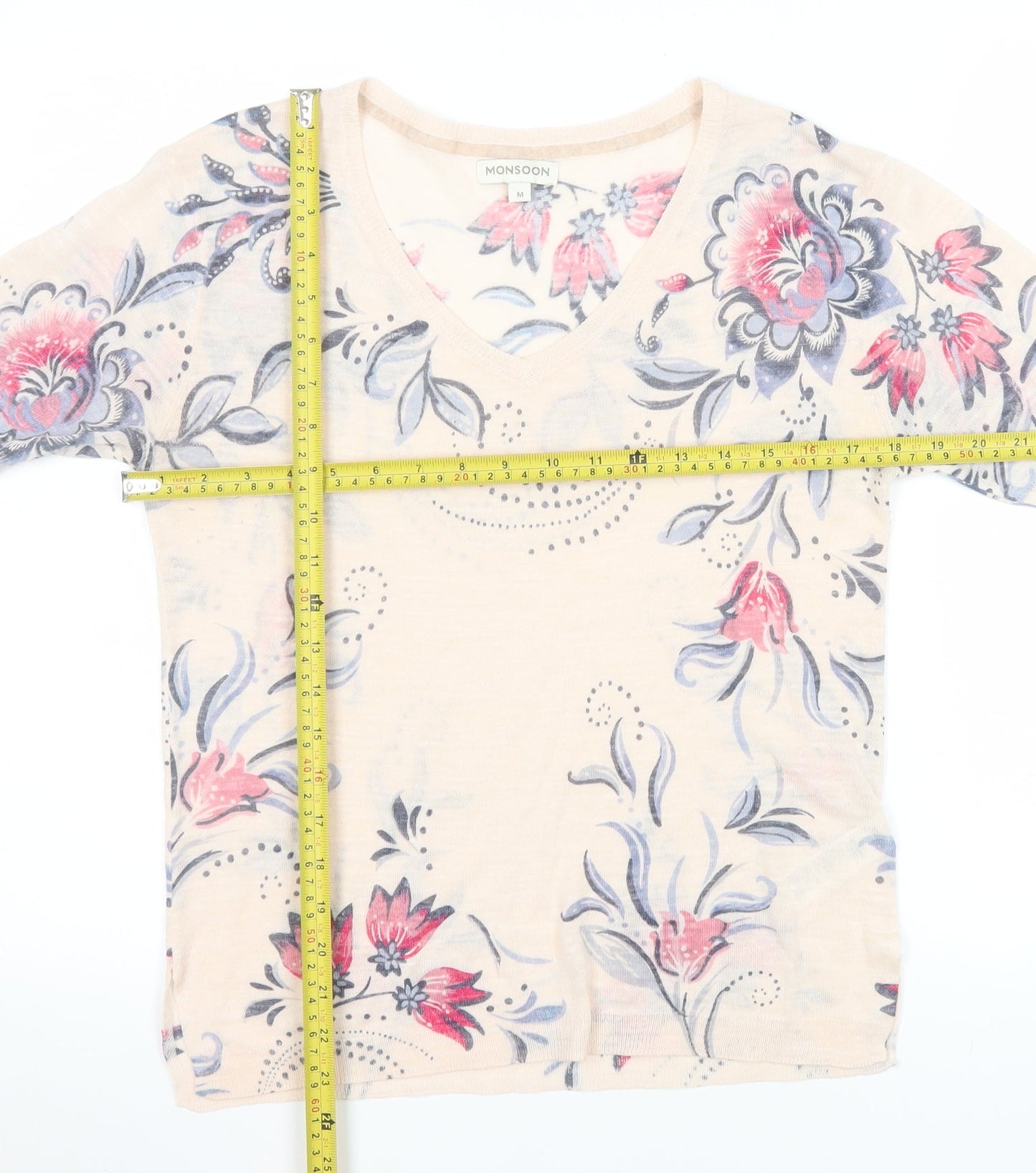Monsoon Womens Beige Floral V-Neck Short Sleeve T-Shirt M