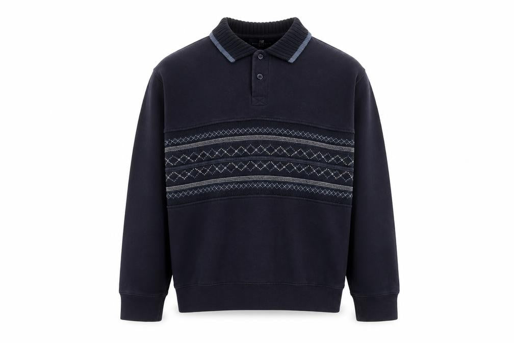 Marks & Spencer Men's Navy Fair Isle Collared Henley Sweatshirt Medium