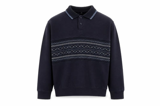Marks & Spencer Men's Navy Fair Isle Collared Henley Sweatshirt Medium