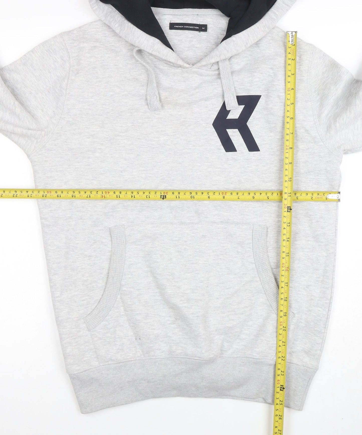 French Connection Men's Grey Pullover Hoodie M Logo Cotton Blend