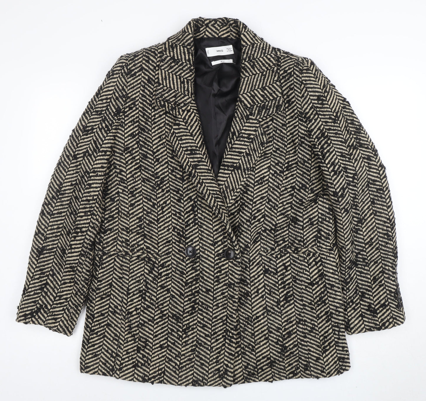 MNG Women's Black Wool Blend Herringbone Blazer Size 12