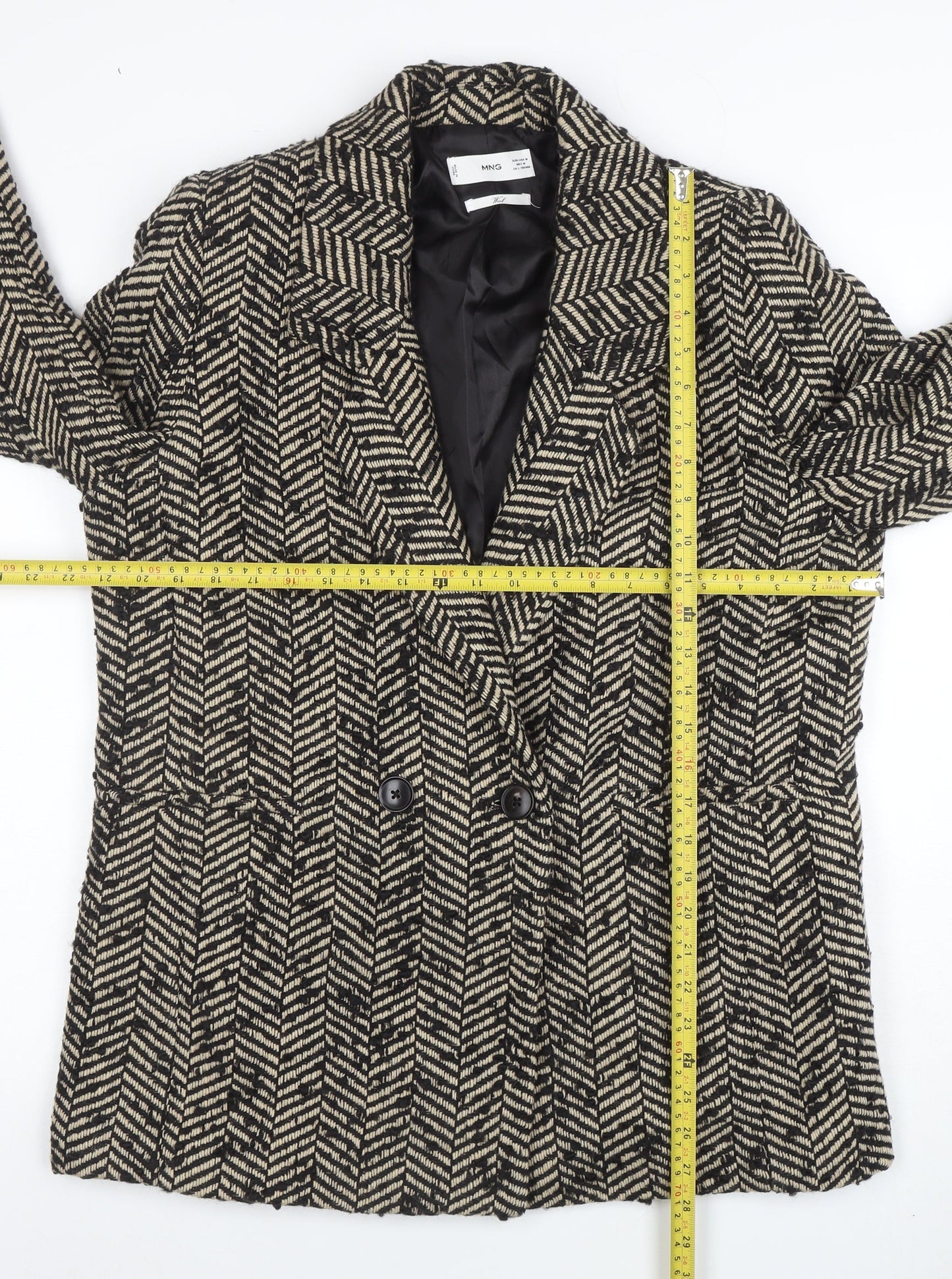 MNG Women's Black Wool Blend Herringbone Blazer Size 12