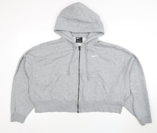 Nike Women Grey Full Zip Hoodie M Cotton Blend Logo Sportswear