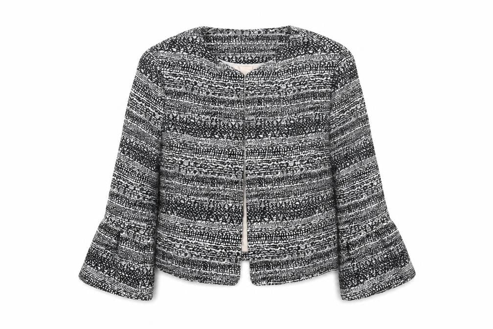 Tu Women Black & White Bouclé Cropped Jacket Size 12 Lined Bell Sleeve
