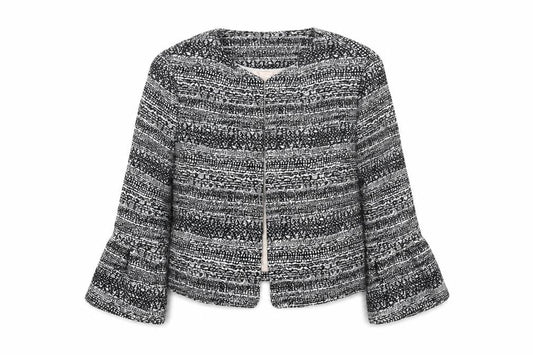 Tu Women Black & White Bouclé Cropped Jacket Size 12 Lined Bell Sleeve
