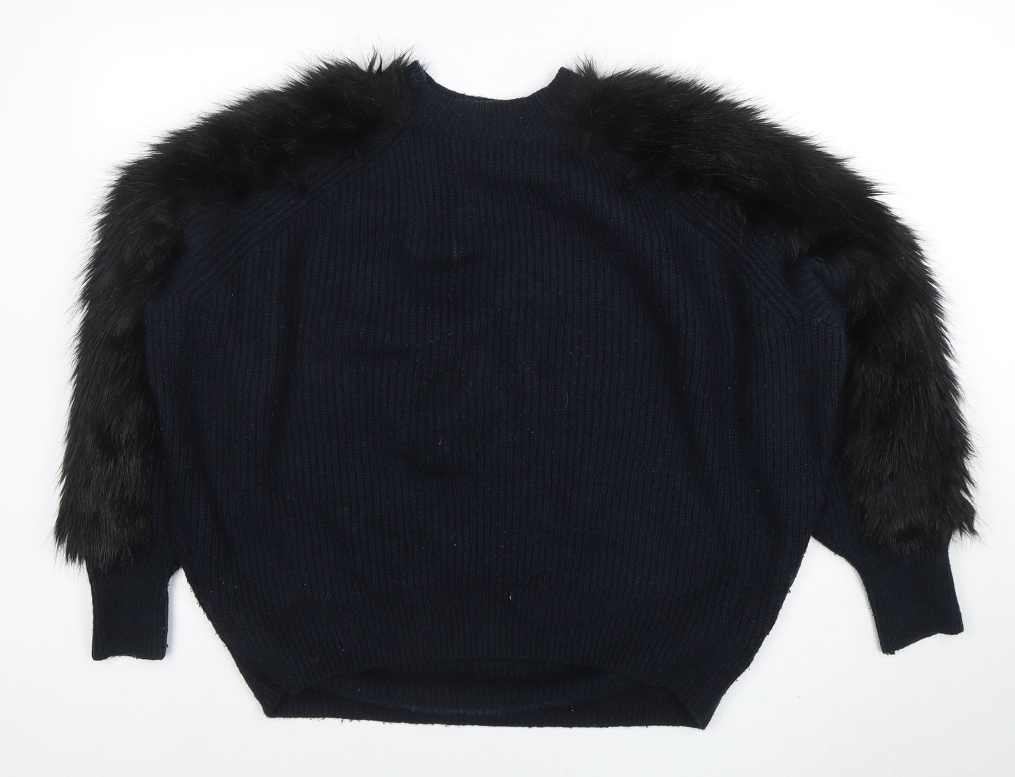 H&M Women’s Black Faux Fur Trim Knit Jumper Size M