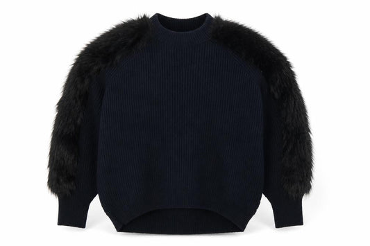 H&M Women’s Black Faux Fur Trim Knit Jumper Size M