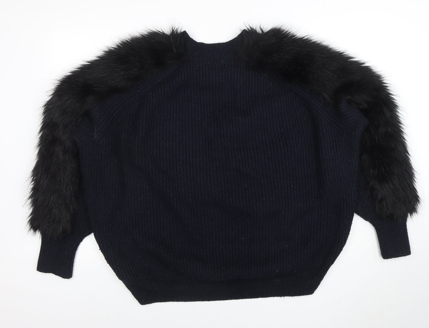 H&M Women’s Black Faux Fur Trim Knit Jumper Size M