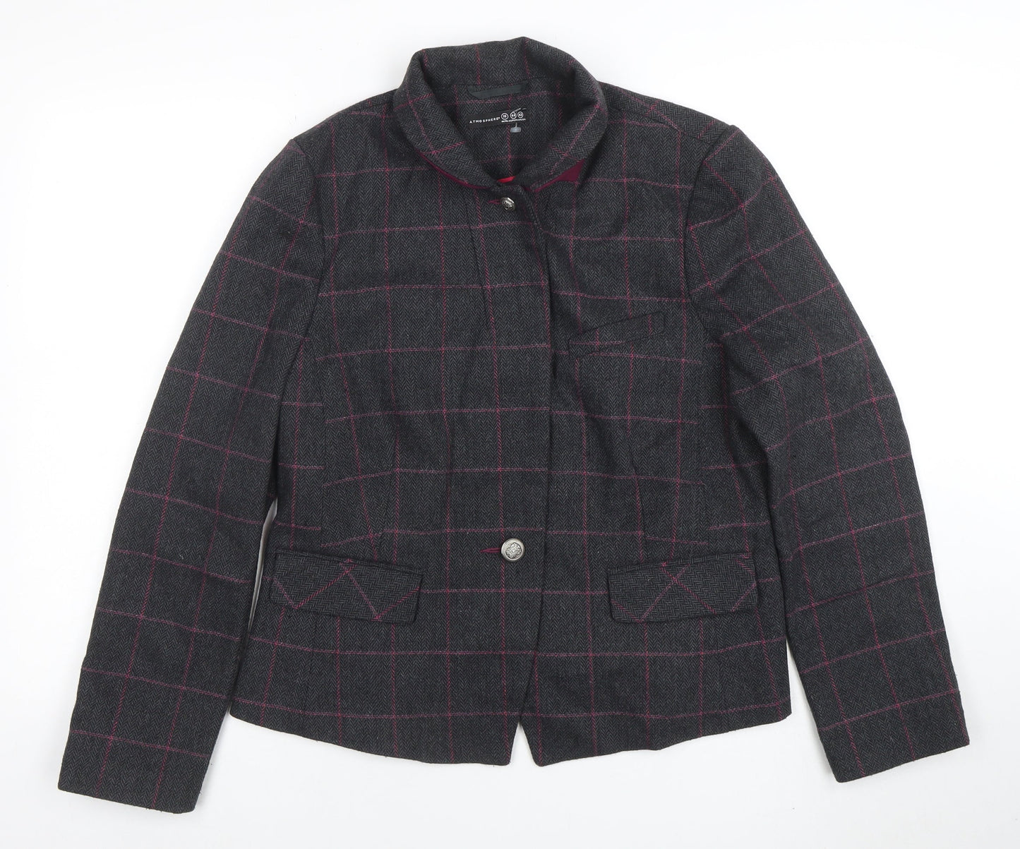 Atmosphere Women Grey Check Tweed Blazer Size 16 One Button Jacket