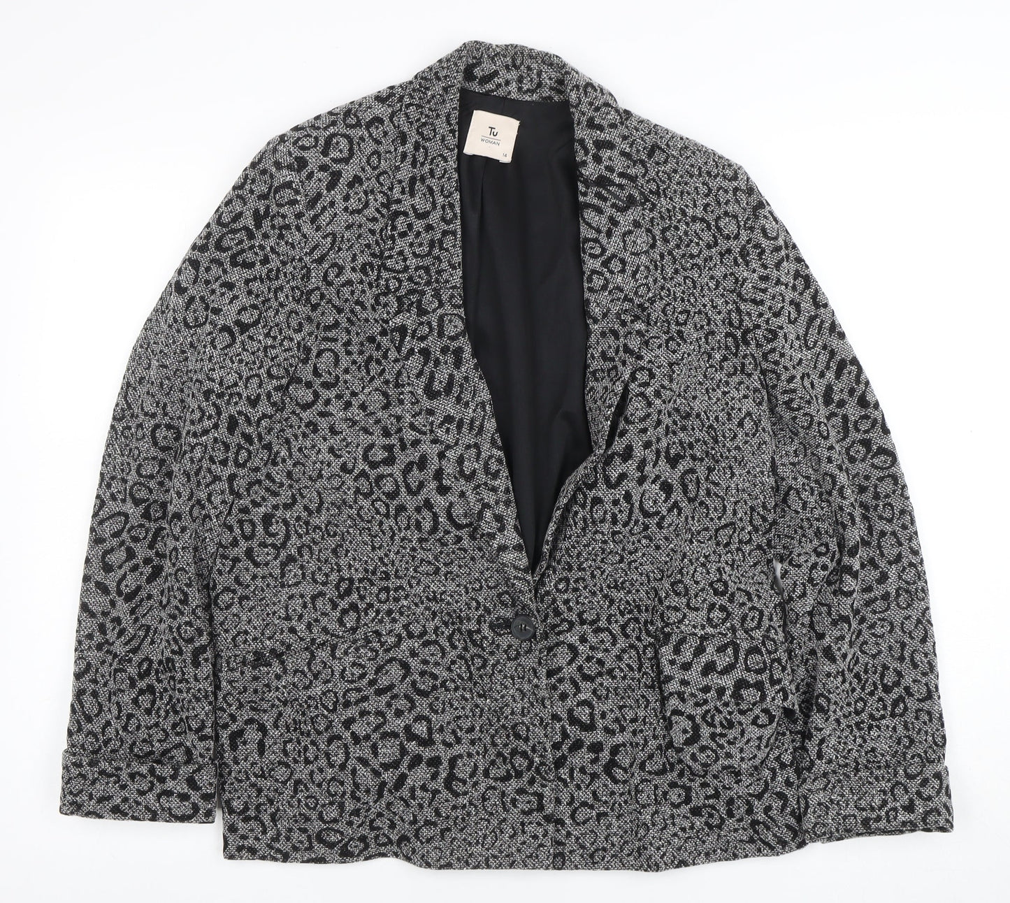 Tu Women Grey Animal Print Regular Fit Single Breasted Blazer Size 14