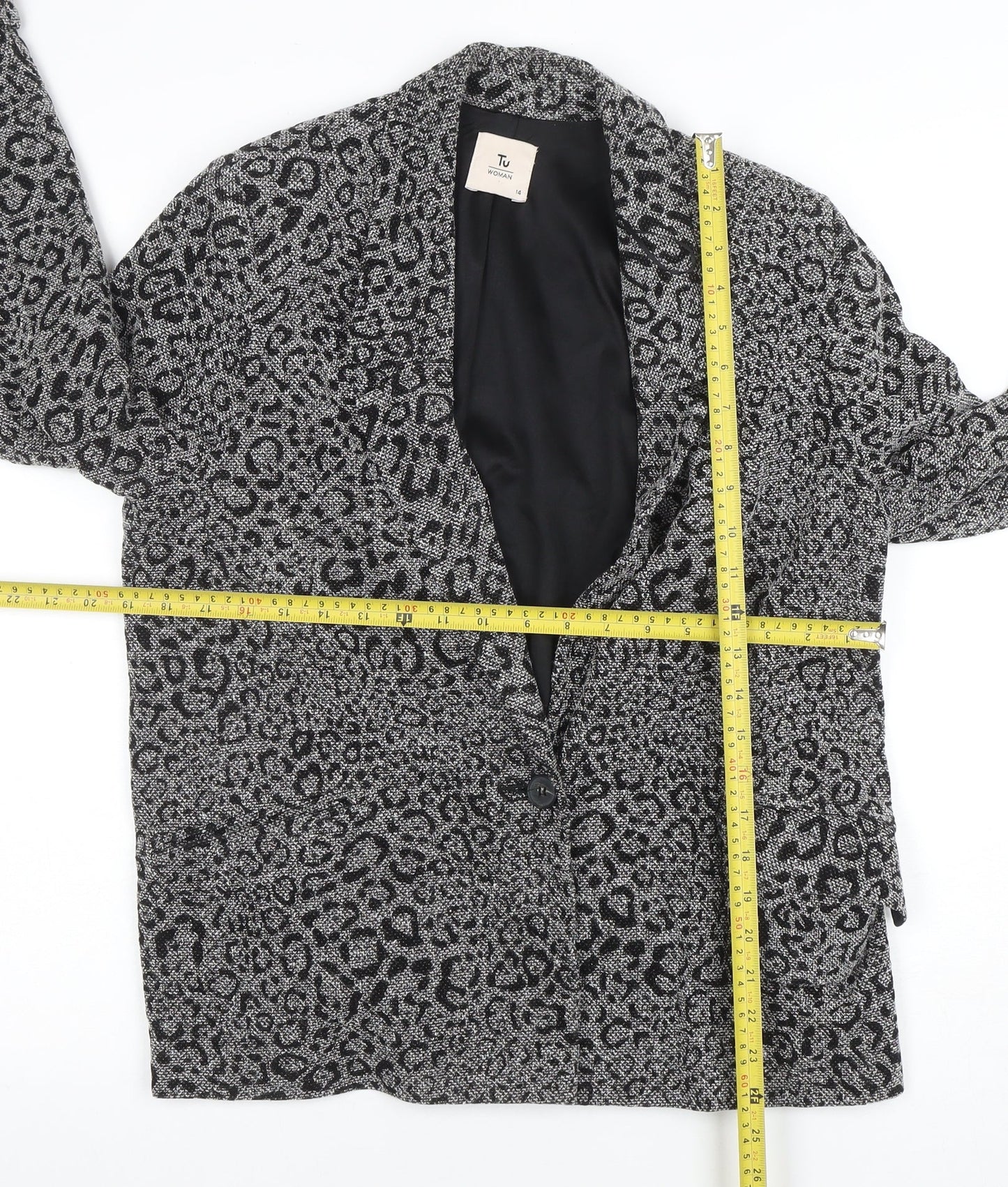 Tu Women Grey Animal Print Regular Fit Single Breasted Blazer Size 14