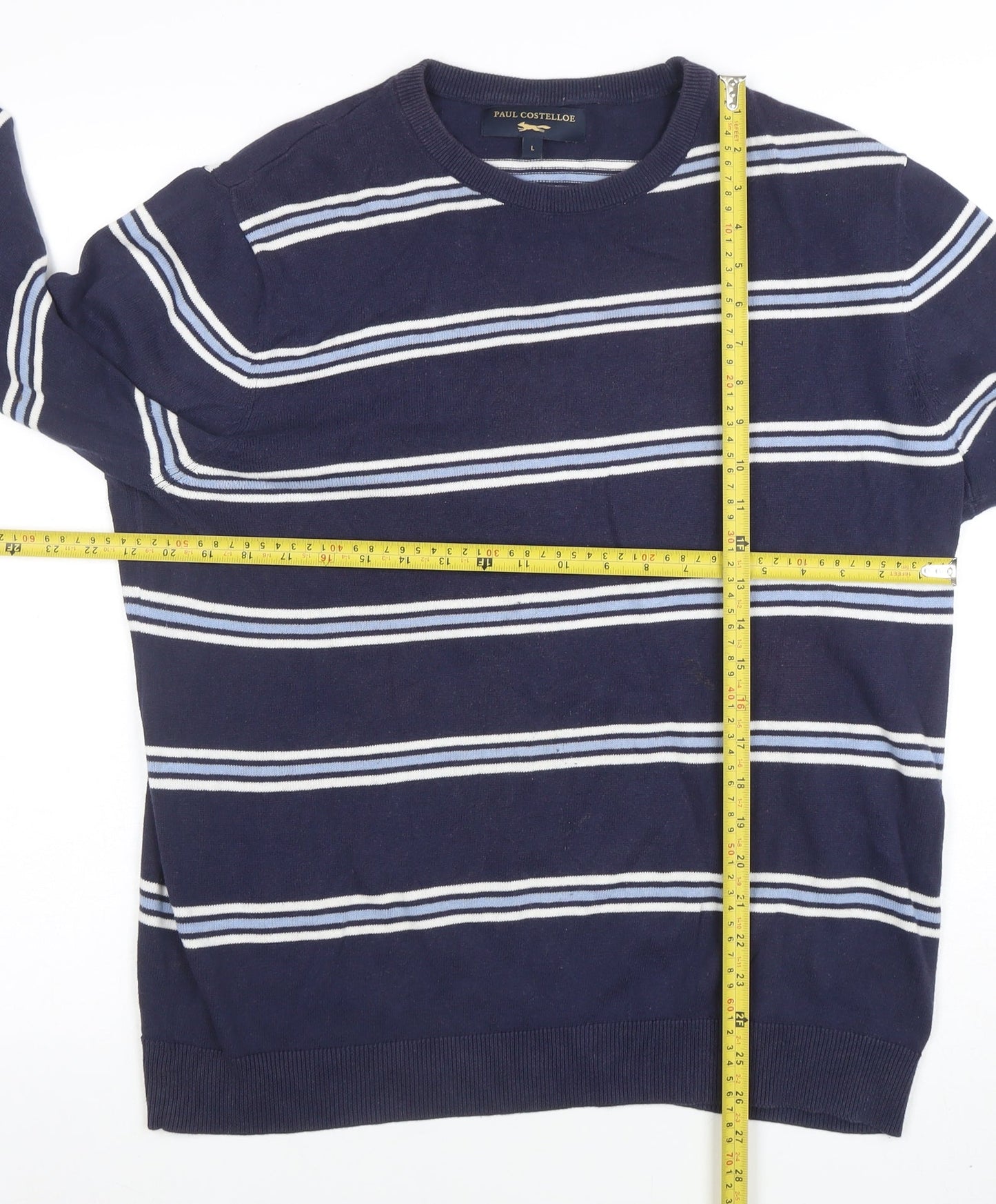 Paul Costelloe Men's Blue Striped Cotton Crew Neck Jumper L