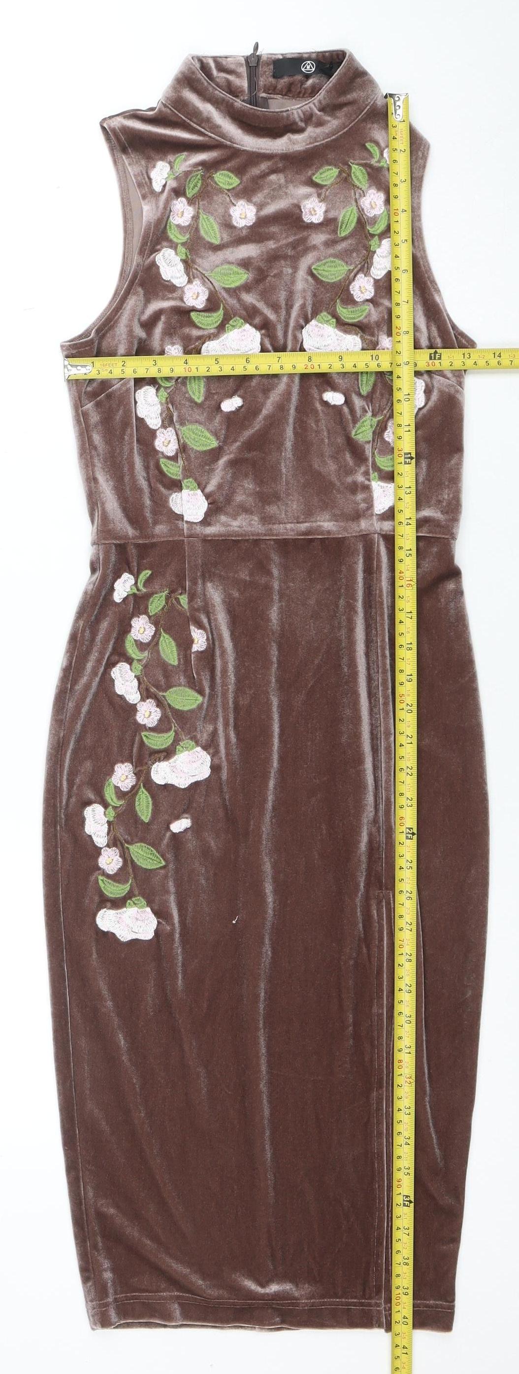 Motel Women’s Brown Floral Embroidered Velvet Bodycon Midi Dress Size 8