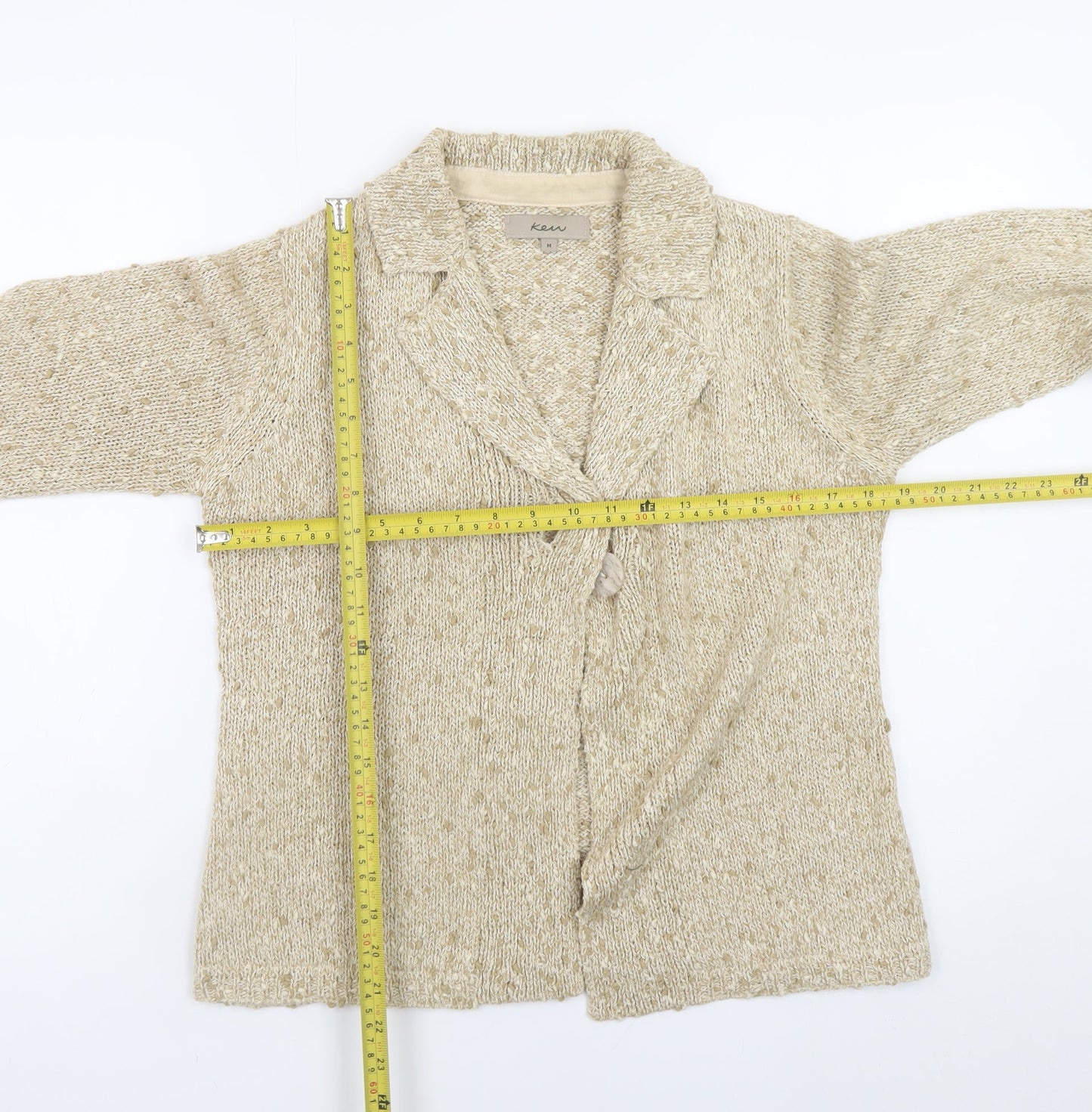 Kew Women Beige Knit Collared Cardigan M Chunky Knit Jumper