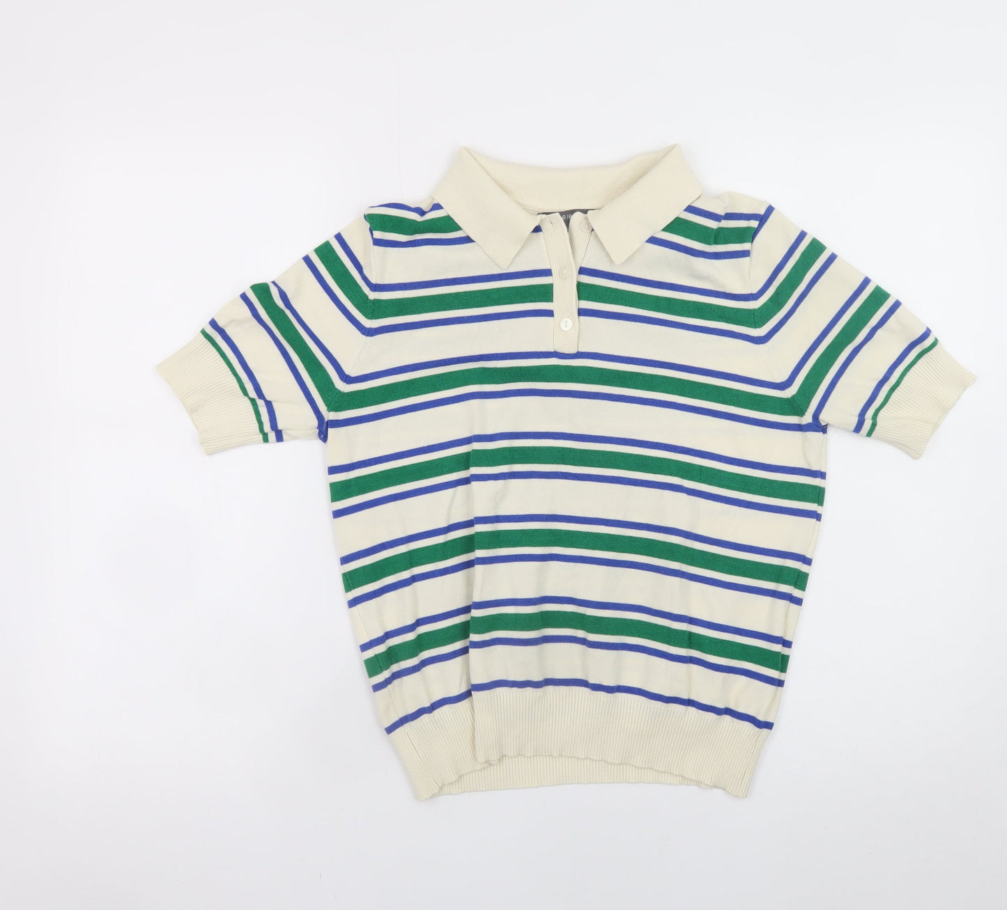 Primark Women Ivory Striped Collared Short Sleeve Jumper M