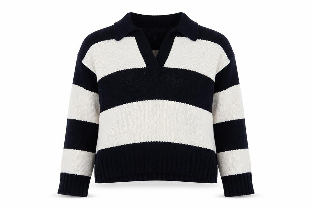 Zara Women’s Black & White Striped Collared Knit Jumper Size L