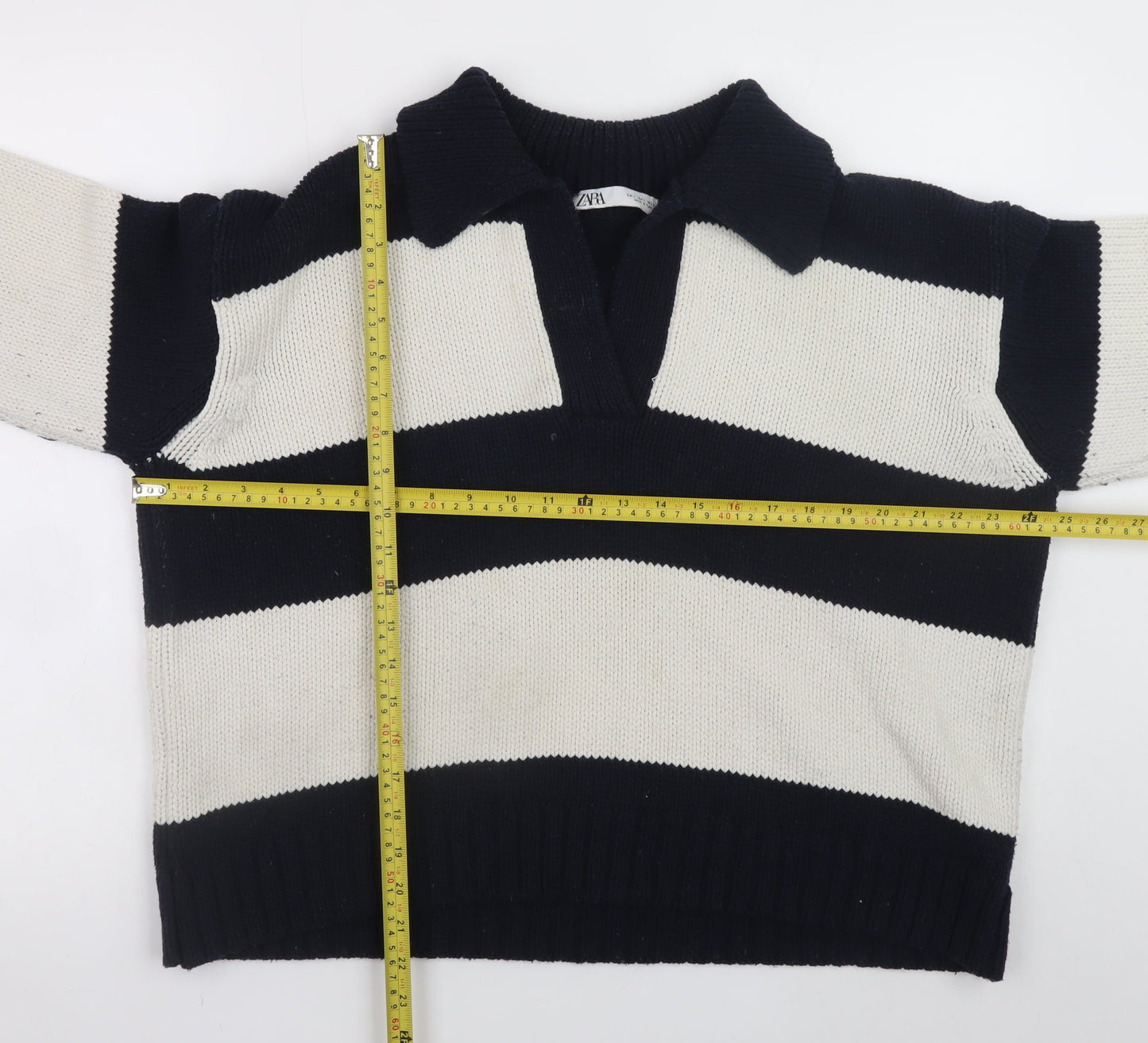 Zara Women’s Black & White Striped Collared Knit Jumper Size L