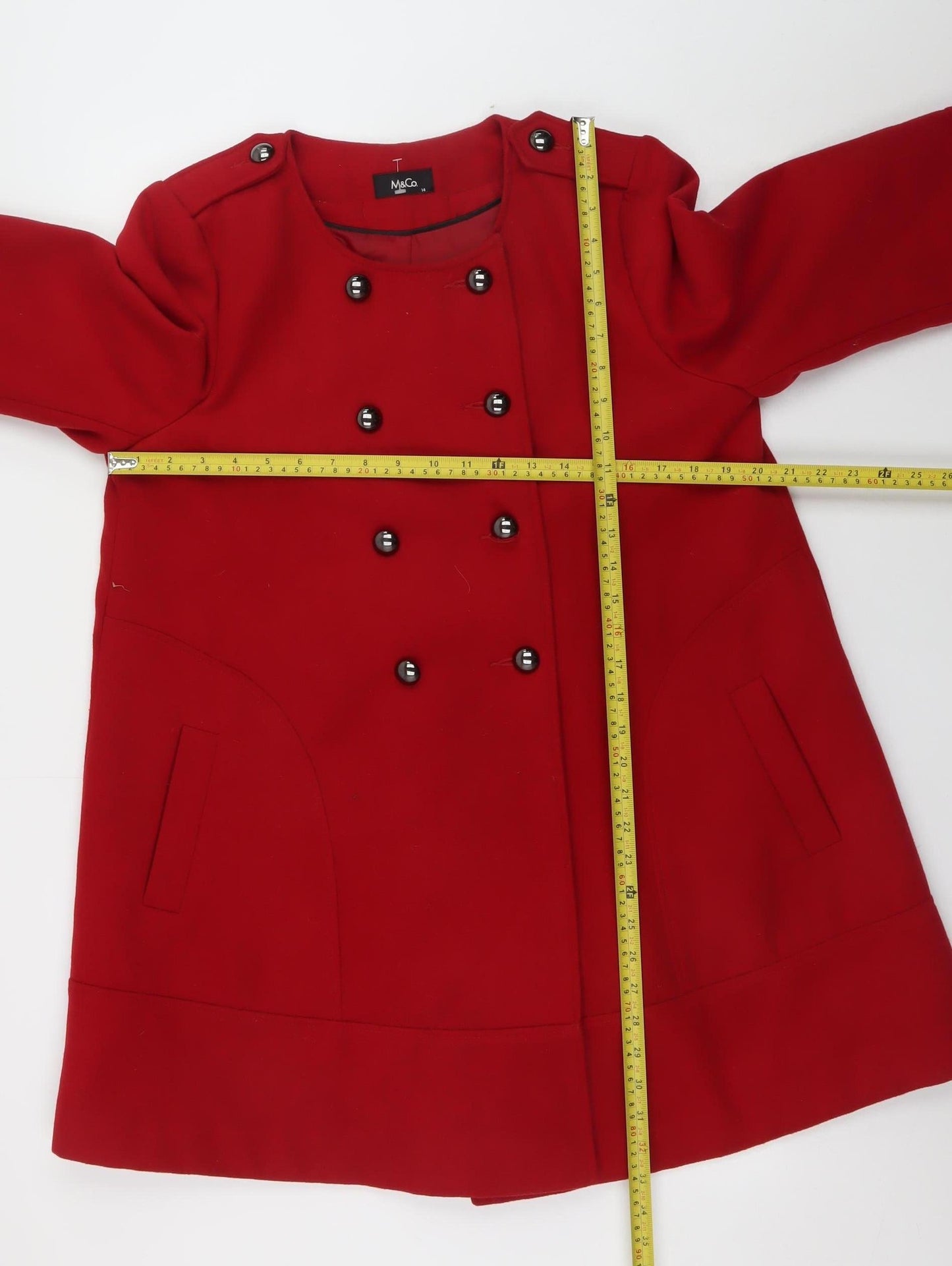 M&Co Womens Red Buttoned Pea Coat Size 14 Classic Mid-Length