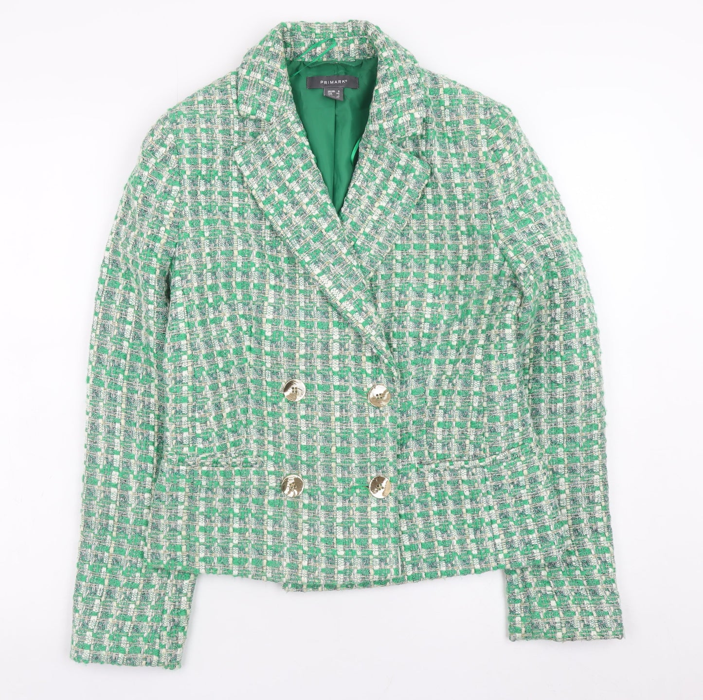 Primark Women Green Check Tweed Blazer Jacket Size 6