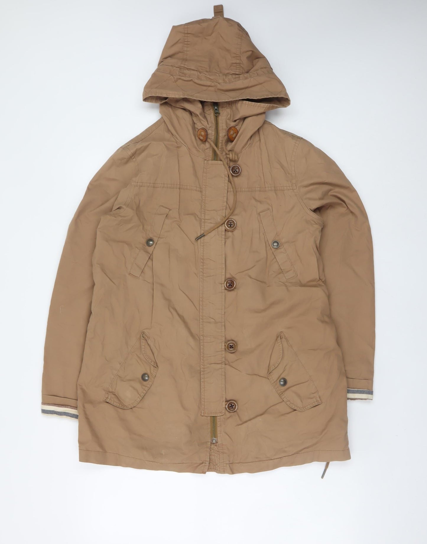 Fat Face Womens Beige Hooded Parka Coat Size 10 Cotton Mid-Length