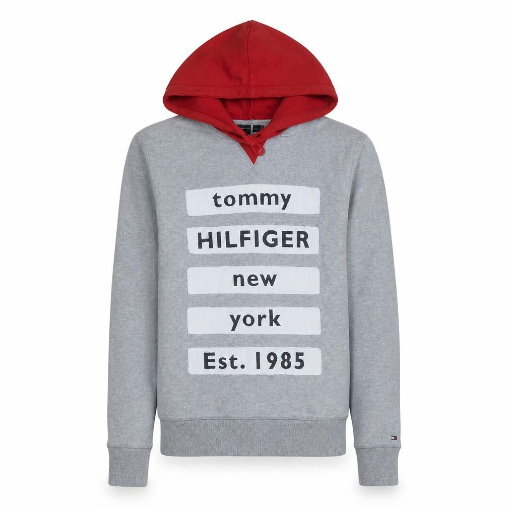 Tommy Hilfiger Mens Grey Red Hooded Pullover Sweatshirt M