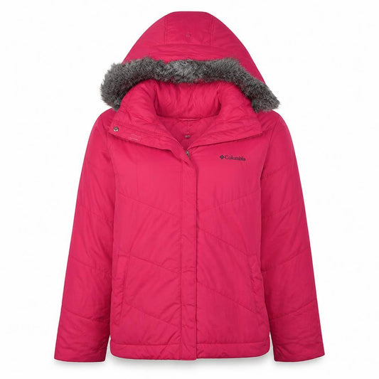 Columbia Womens Pink Hooded Puffer Jacket M Faux Fur Trim Winter