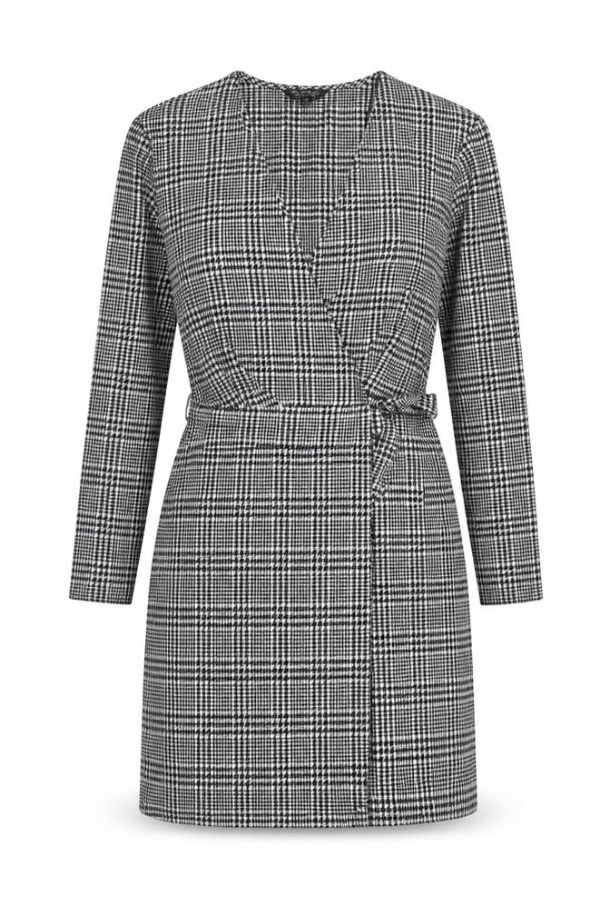Miss Selfridge Women Black Check Wrap Dress Size 10 Long Sleeve